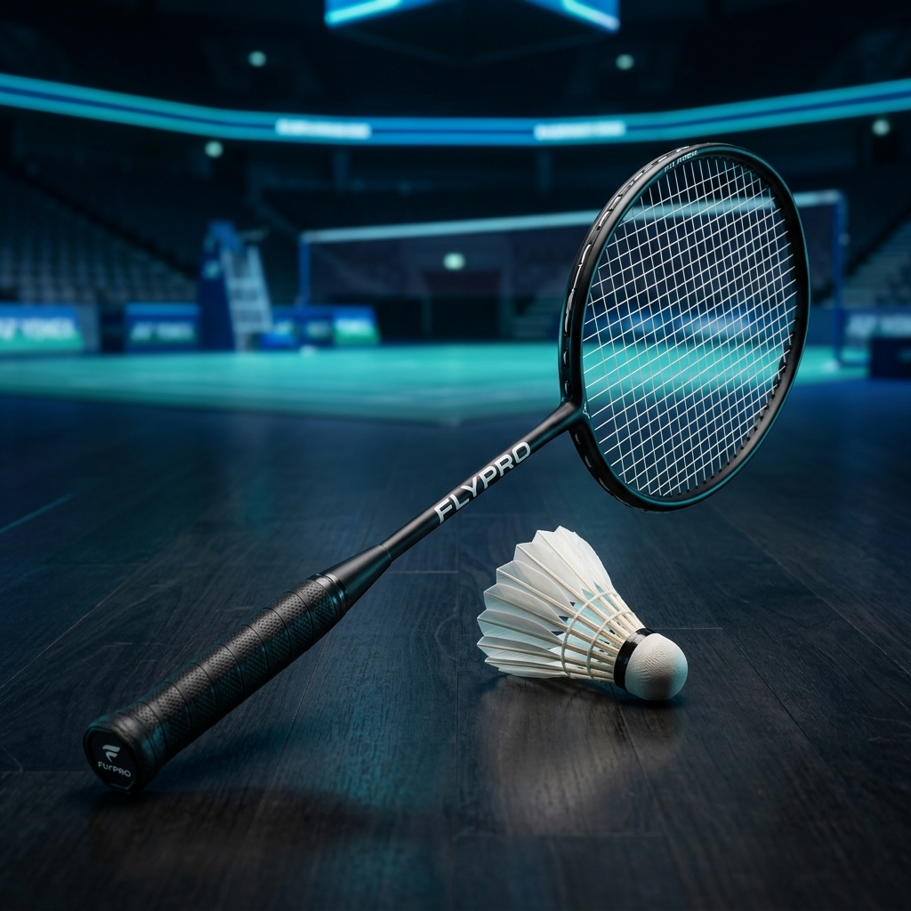 Flypro Sports premium badminton rackets and professional goose feather shuttlecocks on court